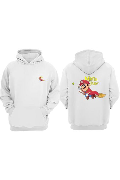 THEWERT Hanorac alb unisex cu design Mario Potter, imprimat în față și în spate