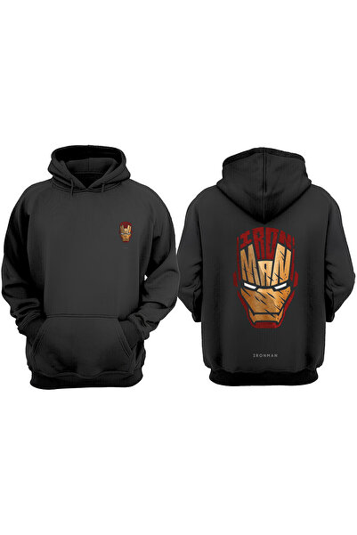 THEWERT Unisex Iron Man Face Tasarım Ön Arka Baskılı Normal Kalıp Siyah Sweatshirt