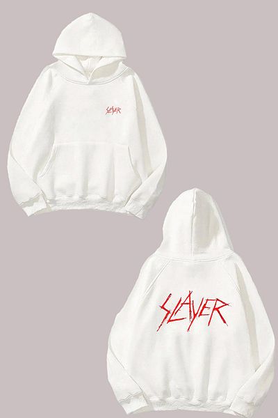 THEWERT Hanorac alb unisex Slayer Red Logo Design Față Spate imprimat Regular Fit