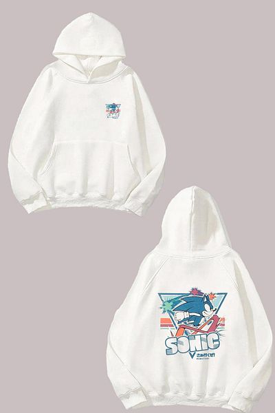 THEWERT Unisex Sonic Design Front Back Printed Regular Fit White Sweatshirt