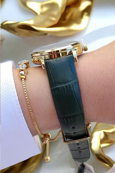 Daniel Klein Green Leather Strap Calendar Women's Wristwatch with Jewelled Bracelet Gift
