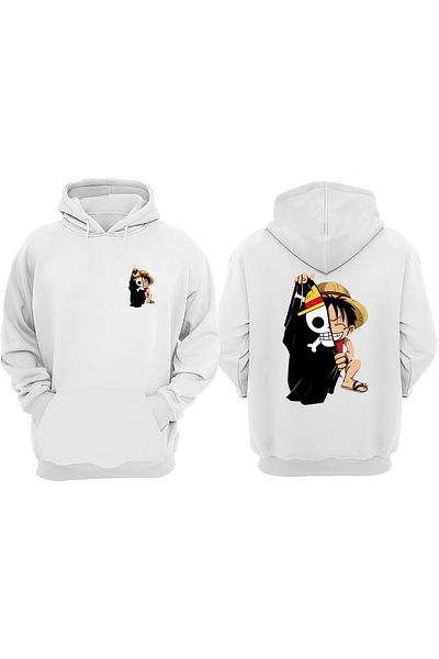 THEWERT Hanorac alb unisex Anime Luffy Pirate Flag Design față spate imprimat normal
