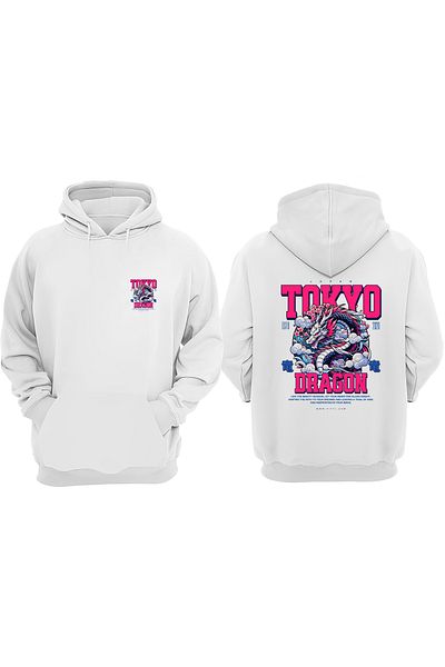 THEWERT Λευκό φούτερ με τυπωμένο κανονικό σχέδιο Unisex Tokyo Dragon μπροστά και πίσω