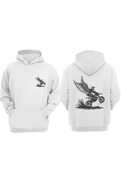THEWERT Hanorac alb unisex Winged Biker Design față spate imprimat normal