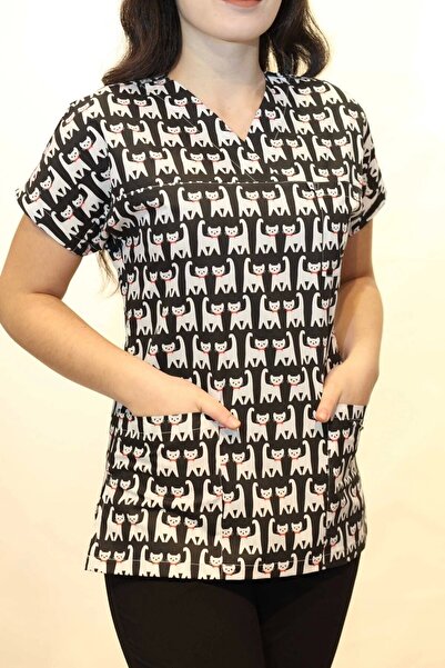 DENİZ İŞ بلوزة واحدة بأكمام الخفافيش منقوشة على شكل قطة