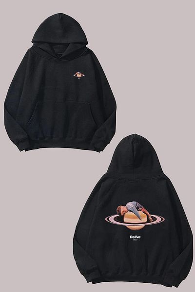 THEWERT Unisex Relive Saturn Design Front Back Printed Regular Fit Black Sweatshirt