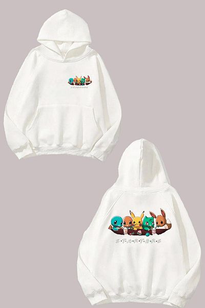 THEWERT Unisex Pokemon Pikachu Design Front Back Printed Regular Fit White Sweatshirt