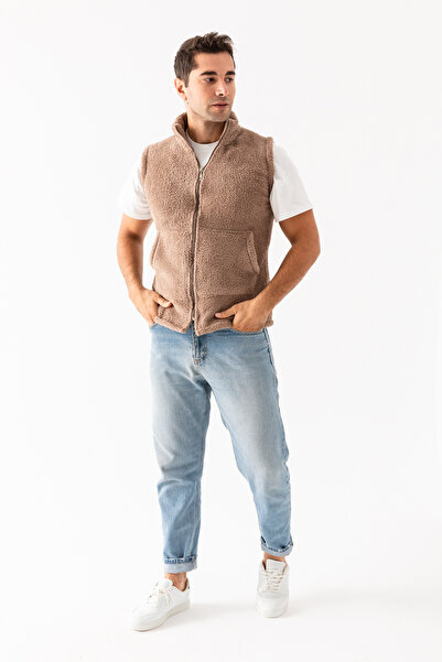 EtkiModa Мъжка жилетка с отворена яка, без ръкави, без подплата, с цип от флийс