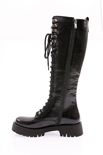 DGN Γυναικείες μακριές μπότες με κορδόνια μαύρο λουστρίνι - 3262103