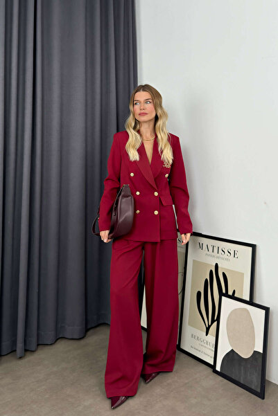 Sue Store Σετ παντελόνι Claret Red Gold με κουμπιά Premium Jacket