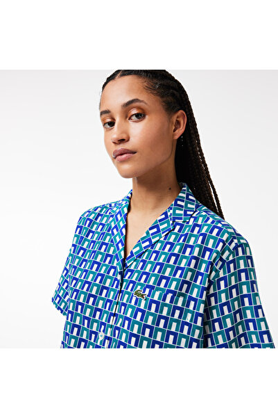 Lacoste Kadın Relaxed Fit Kısa Kollu Monogram Mavi Gömlek