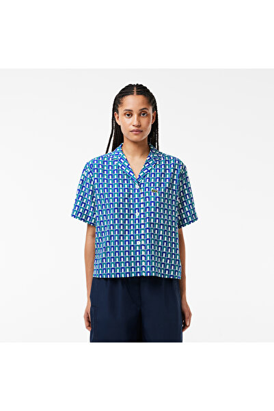 Lacoste Kadın Relaxed Fit Kısa Kollu Monogram Mavi Gömlek
