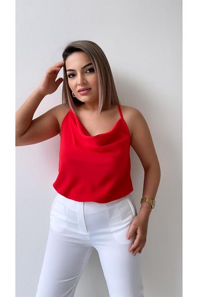 SEDA FİDAN Red Draped Blouse - Adjustable Strap