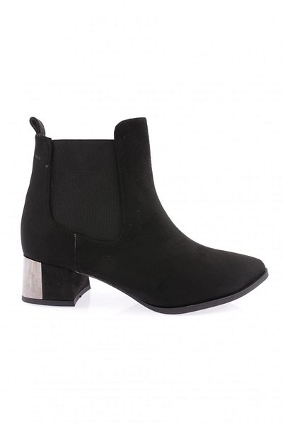 DGN Women's Pointed Toe Chelsea Side Rubber Detailed Silver Heeled Ankle Boots Black Suede 291932212674