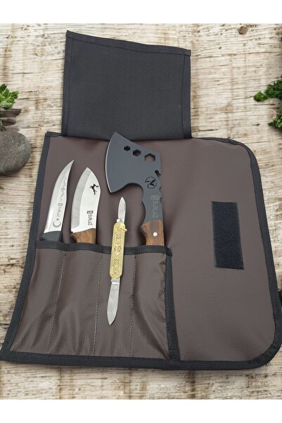 SürLaz İsme Özel Deri Çantalı 5 Parça Kamp Seti Balta Bıçak Çakı Set