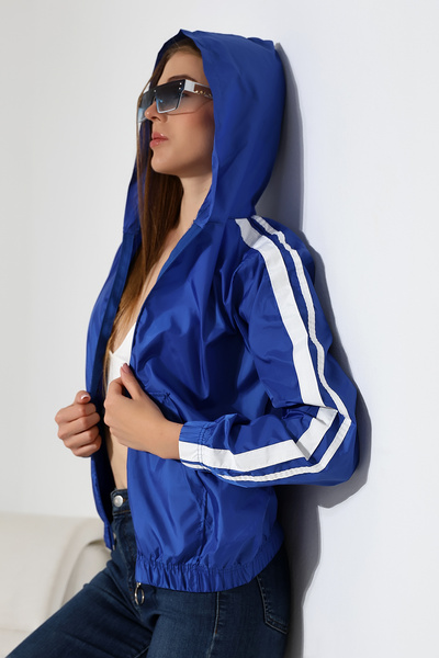 Buklemoda Palton sezonier cu glugă cu dungi albastre