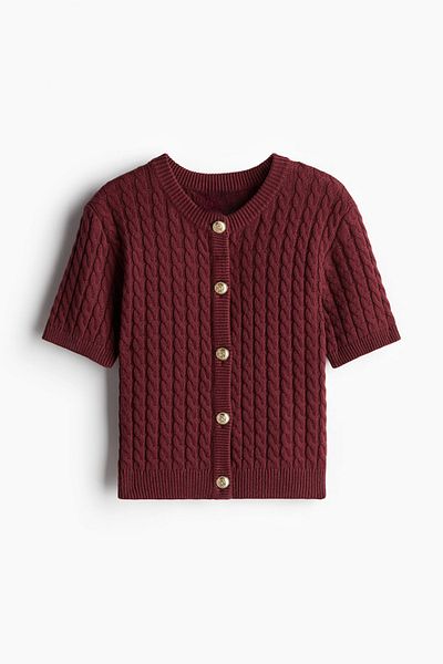LOOSH Cardigan cu mânecă scurtă din tricot de păr pentru femei, bordeaux