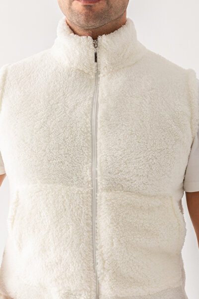 EtkiModa Men's Ecru Sleeveless Unlined Zippered Plush Vest