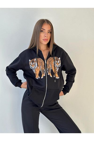 SEDA FİDAN Sweat cu fermoar imprimat cu căptușeală cu glugă, negru