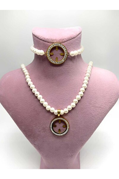 Ayenci Çeyrek Altın Uyumlu -Çeyrekli İnci Kolye- Çeyrekli İnci Bileklik (KARA...