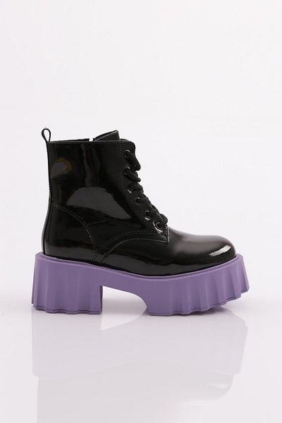 DGN Es801 Women's Thick Sole Lace up Boots Black Patent Leather Lilac