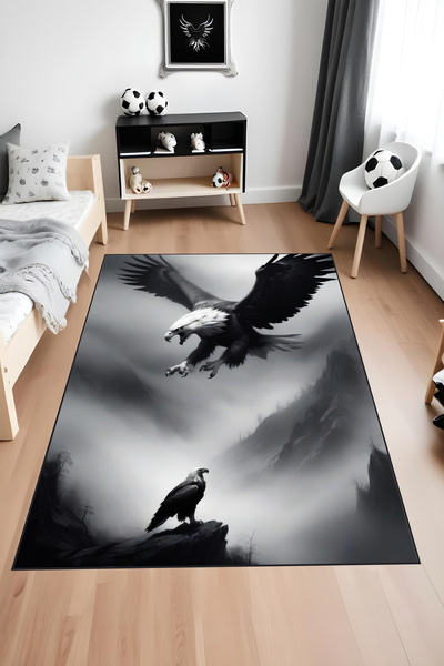Noble Halı Dijital Baskı Siyah Beyaz Dağ Temalı Kartal  Halısı Yıkanabilir Ge...
