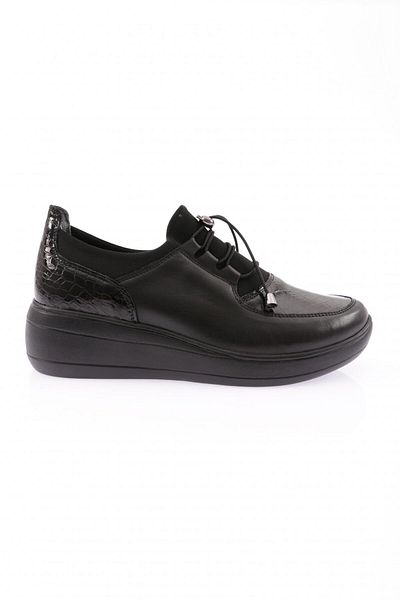 DGN Pantofi confortabili cu șireturi cu talpă groasă de damă, crocodil negru, piele naturală 41233221