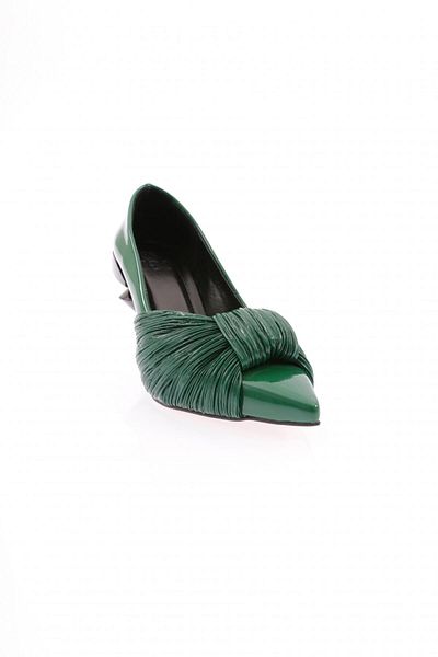 DGN Green Patent Leather Thin Heeled Shoes for Women - Pointed Toe, Low-Cut, Bow Detail 23633261