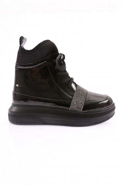 DGN 970 Women's - Silver Stone Patent Leather Boots, Black, Stretch Detail