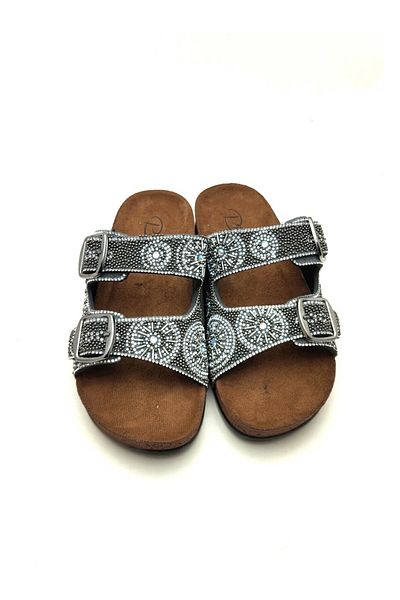 Pienn Stone Embroidered Adjustable Orthopedic Women's Slippers Smoke Color Ultra Soft Sole