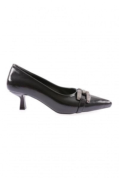 DGN Pointed Toe Black Patent Leather Women's Shoes - Low Heel with Accessories 219162821
