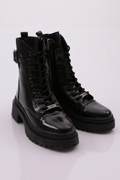 DGN Black Patent Leather 211013321027   - Women's Boots with Belt Detail and Laces