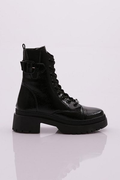 DGN Black Patent Leather 211013321027   - Women's Boots with Belt Detail and Laces