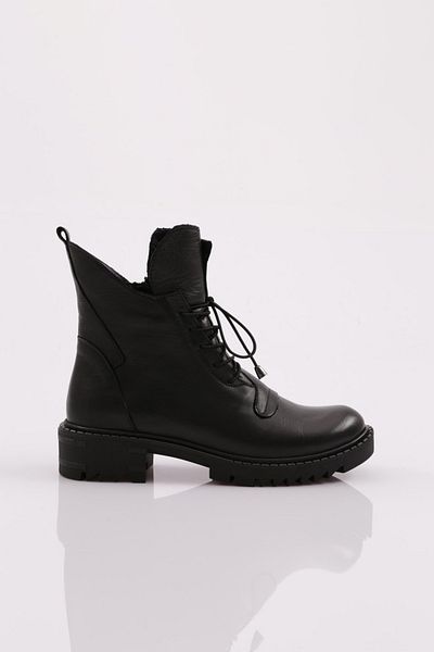DGN Black Genuine Leather Women's Boots - Lace-Up