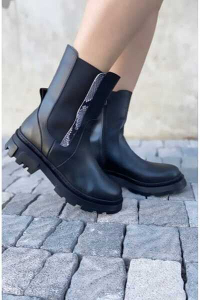 LA PASSION Yılan Derisi Detaylı Kadın Kısa Hakiki Siyah Deri Bot