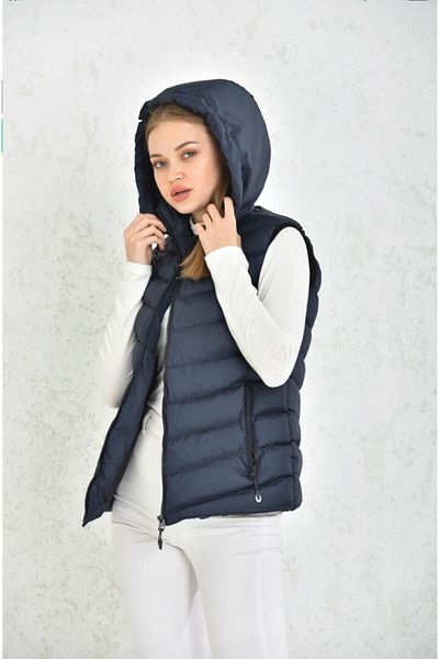 Ayşo Women's Navy Blue Detachable Zippered Hood Puffer Vest