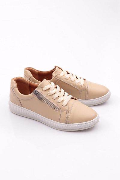 DGN Women's Lace-Up Side Zipper Detailed Comfort Shoes Cream Genuine Leather 312523246