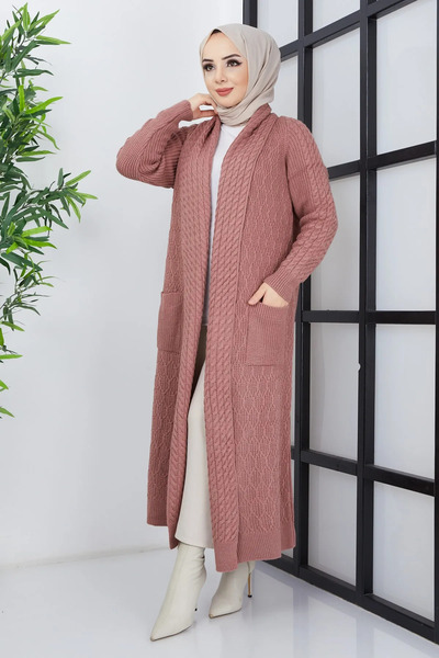 EZFER KADIN UZUN KOLLU ŞAL YAKALI UZUN KOLLU SAÇ ÖRGÜLÜ UZUN HIRKA