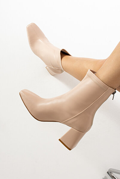 Bi'Stiletto Nishan Küt Kalıp Ten Rengi Streç Deri Kadın Topuklu Bot