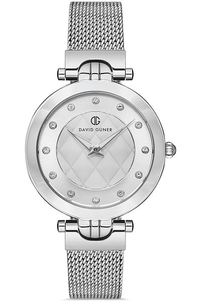 DAVID GUNER ساعة يد نسائية بمينا أبيض مطلي بالفضة DG-8154LC-A1