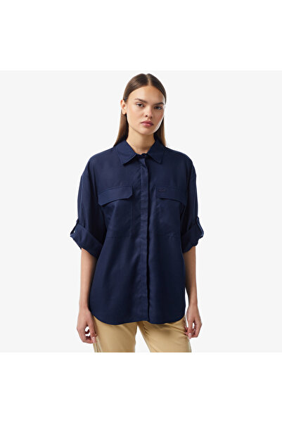 Lacoste Kadın Relaxed Fit Kısa Kollu Lacivert Gömlek