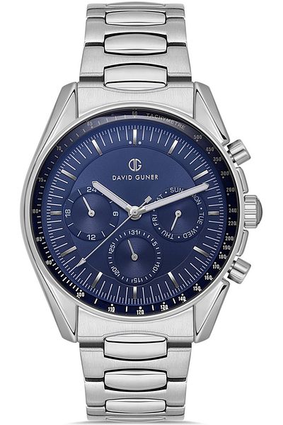 DAVID GUNER Silver Coated Multifunctional Men's Wristwatch with Navy Blue Dial - Dg-8670Ga-A3