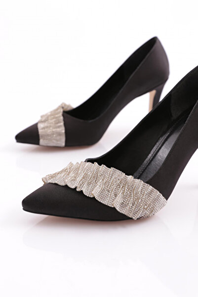 DGN Kadın Silver Taşlı Topuklu Ayakkabı Siyah Saten Gümüş Taş 2623561211432322