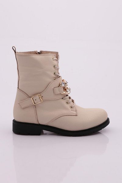 DGN Women's Lace-Up Crystal Stone Buckle Boots Beige 18333325
