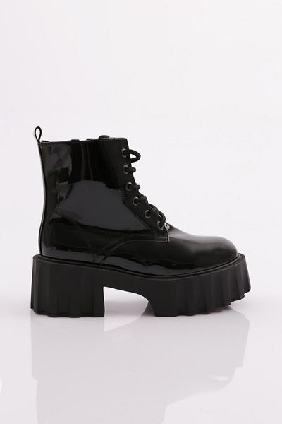 DGN Es801 Damen-Stiefel aus schwarzem Lackleder mit dicker Sohle und Schnürung