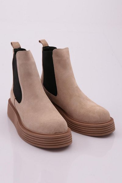 DGN Women's Stretch Detailed Thick Sole Boots Beige Suede Genuine Leather