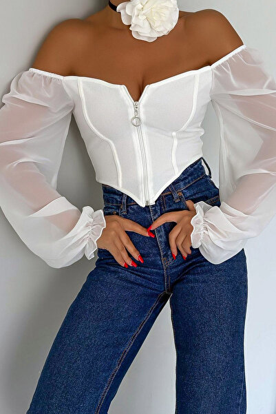 MissThetis Ön ve Arka Kare Yakalı Uzun Ucu Lastikli Şifon Balon Kol Fermuarlı...