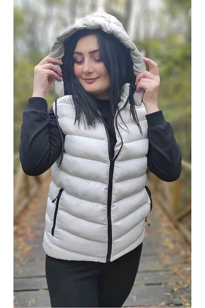 Ayşo Women's Stone Color Detachable Zippered Hood Puffer Vest
