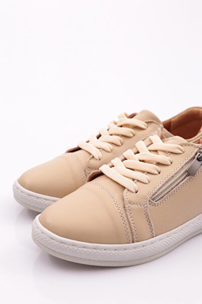 DGN Kadın Bağcıklı Yanı Fermuar Detaylı Comfort Ayakkabı Krem Hakiki Deri 312523246