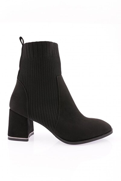 DGN Kadın Triko Detaylı Topuklu Bot Siyah Süet 103243242